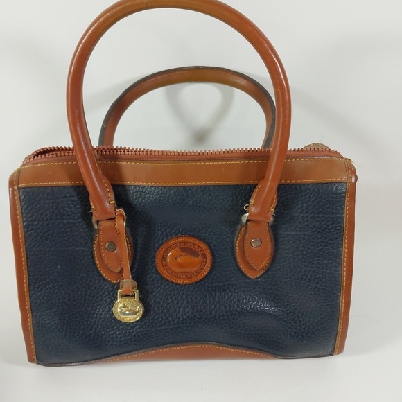 Dooney & Bourke Handbags - Vintage Dooney & Bourke All - Weather Satchel Handbag In Navy With Cognac Tan